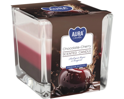 Lumânare parfumată Aura Candles Chocolate Cherry în pahar pătrat cu trei straturi de ceară