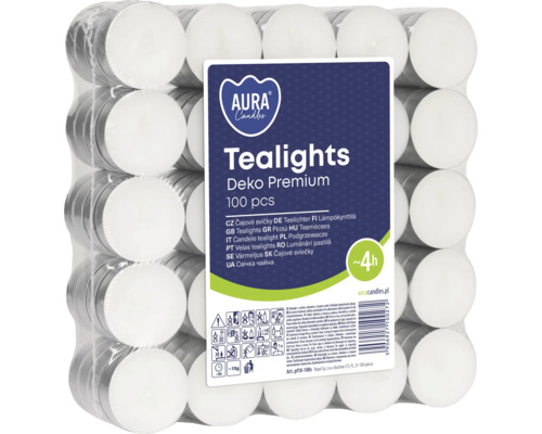 Pachet cu 100 de lumânări tip pastilă Aura Candles cu o durată de ardere de patru ore, ambalate în folie transparentă