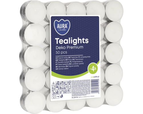 Pachet cu 50 de lumânări pastilă Aura Candles cu o durată de ardere de 4 ore în ambalaj de plastic