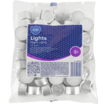 Pachet cu 50 de lumânări tip pastilă Aura Night Lights cu o durată de ardere de 8 ore în ambalaj din plastic transparent.