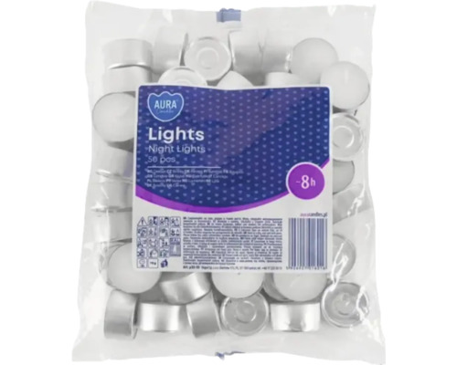 Pachet cu 50 de lumânări tip pastilă Aura Night Lights cu o durată de ardere de 8 ore în ambalaj din plastic transparent.