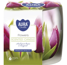 Lumânare parfumată Aura Candles Flowers cu uleiuri esențiale în ambalaj pătrat cu motiv floral de lalele
