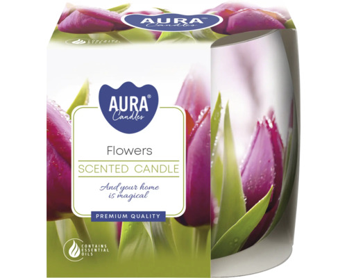 Lumânare parfumată Aura Candles Flowers cu uleiuri esențiale în ambalaj pătrat cu motiv floral de lalele
