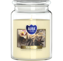 Lumânare parfumată în borcan Aura Candles vanilie cu etichetă și capac de sticlă