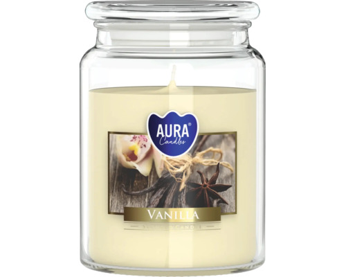 Lumânare parfumată în borcan Aura Candles vanilie cu etichetă și capac de sticlă