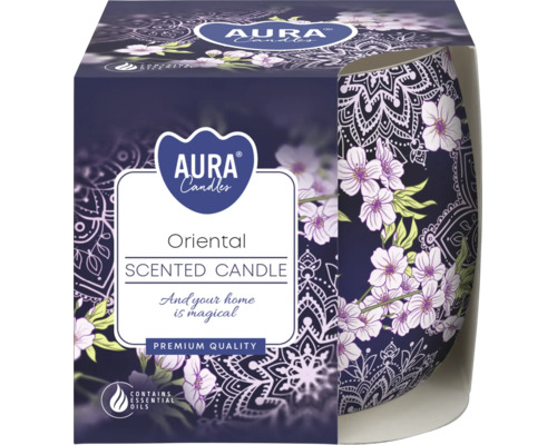 Lumânare parfumată Aura Candles Oriental cu model floral și uleiuri esențiale în ambalaj decorativ