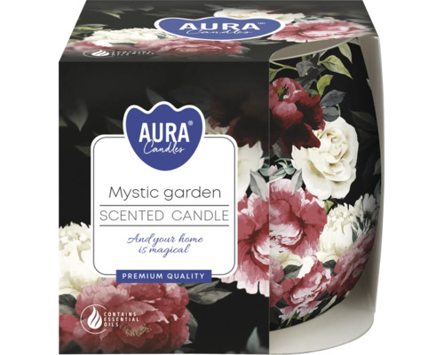 Lumânare parfumată Aura Candles Mystic Garden într-un ambalaj decorat cu model floral și uleiuri esențiale.