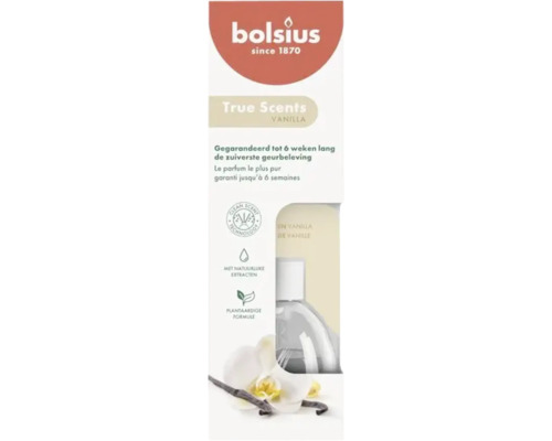 Difuzor de parfum Bolsius True Scents Vanilie cu extracte naturale și formulă pe bază de plante, cu durată de până la 6 săptămâni.