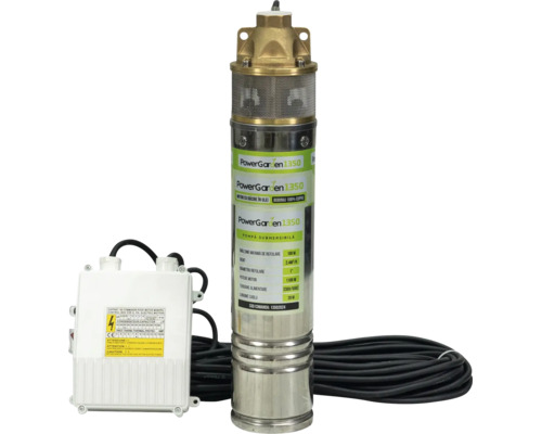Pompa submersibila PowerGarden 1350 cu tablou de comanda si cablu electric pentru alimentare cu apa.