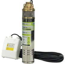 Pompă submersibilă pentru puțuri PowerGarden 1350 din oțel inoxidabil cu cutie de control și cablu electric.