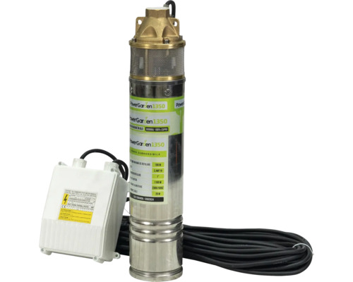 Pompă submersibilă pentru puțuri PowerGarden 1350 din oțel inoxidabil cu cutie de control și cablu electric.