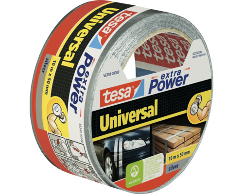 Bandă adezivă textilă Tesa Extra Power Universal argintie, rolă cu lungime de 10 metri și lățime de 50 milimetri pentru reparații.