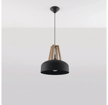 Lampa suspendata moderna cu abajur metalic si elemente din lemn pentru montare pe tavan
