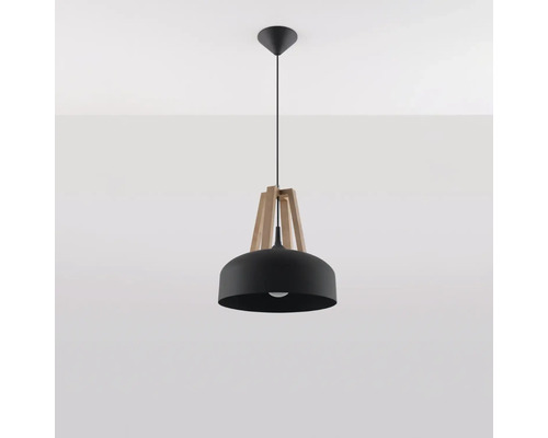 Lampa suspendata moderna cu abajur metalic si elemente din lemn pentru montare pe tavan