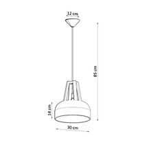 Desen tehnic al unei lămpi suspendate cu dimensiuni: diametru 30 centimetri, înălțime abajur 14 centimetri și înălțime totală 85 centimetri.