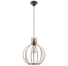 Pendul modern din lemn cu abajur sferic și sursă de lumină vizibilă pentru montarea pe tavan