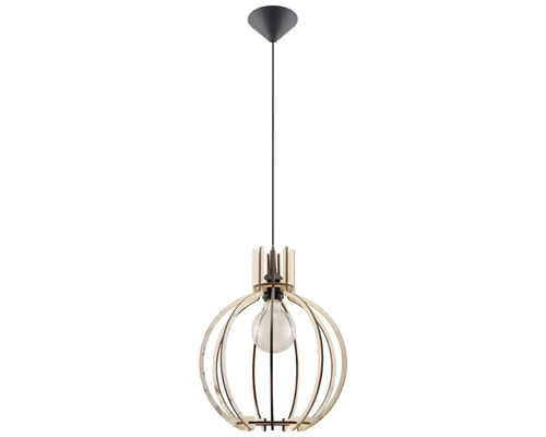 Pendul modern din lemn cu abajur sferic și sursă de lumină vizibilă pentru montarea pe tavan