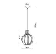 Desen tehnic al unei lămpi suspendate rotunde cu dimensiuni de 28 centimetri diametru și 100 centimetri înălțime totală.