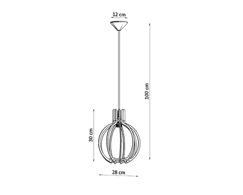 Desen tehnic al unei lămpi suspendate rotunde cu dimensiuni de 28 centimetri diametru și 100 centimetri înălțime totală.