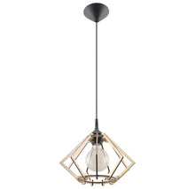 Pendul modern cu un abajur geometric din lemn și un bec expus.