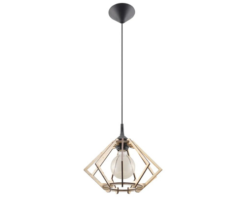 Pendul modern cu un abajur geometric din lemn și un bec expus.