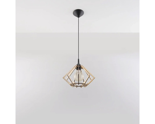 Pendul modern cu abajur geometric din lemn și bec vizibil pentru montare pe tavan