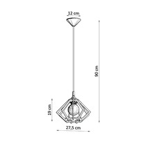 Desen tehnic al unei lămpi suspendate geometrice din lemn cu o înălțime totală de 90 centimetri și un diametru de 27,5 centimetri.