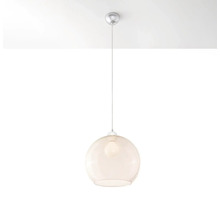 Pendul modern cu abajur din sticla sferic si montare pe tavan cu aspect cromat