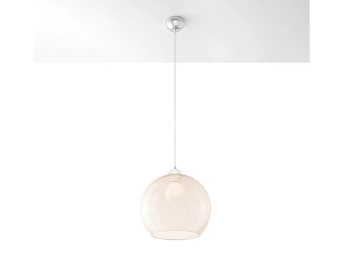 Pendul modern cu abajur din sticla sferic si montare pe tavan cu aspect cromat
