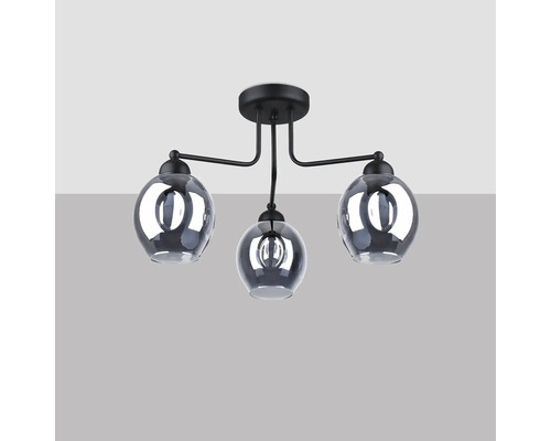 Plafonieră cu trei brațe cu abajururi sferice din sticlă și cadru metalic cu design modern