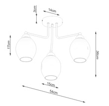 Schiță cu dimensiunile unei plafoniere cu trei surse de lumină, cu măsurători în centimetri