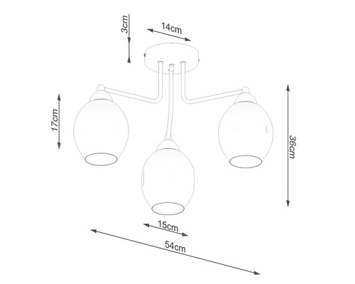 Schiță cu dimensiunile unei plafoniere cu trei surse de lumină, cu măsurători în centimetri