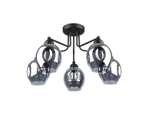 Lampă de tavan cu cinci brațe și globuri de sticlă întunecată cu cadru metalic pentru iluminat interior modern.