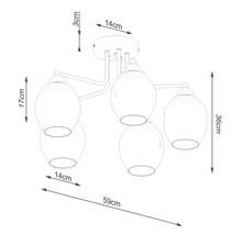 Desen tehnic al unei lămpi de tavan cu patru surse de lumină și dimensiuni indicate în centimetri