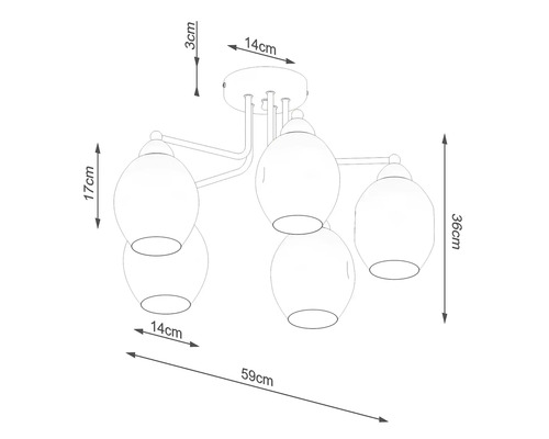 Desen tehnic al unei lămpi de tavan cu patru surse de lumină și dimensiuni indicate în centimetri