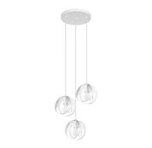 Pendul modern cu trei surse de lumina si abajururi metalice sferice cu design curbat pentru montare pe tavan