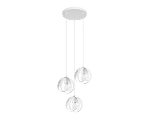 Pendul modern cu trei surse de lumina si abajururi metalice sferice cu design curbat pentru montare pe tavan
