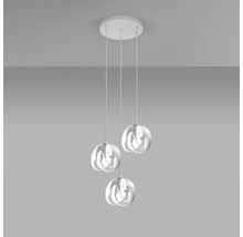 Pendul modern cu trei abajururi rotunde cu design deschis pentru iluminarea uniformă a încăperii.