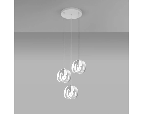 Pendul modern cu trei abajururi rotunde cu design deschis pentru iluminarea uniformă a încăperii.