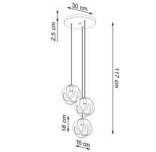 Desen tehnic al unei pendule cu trei surse de lumină, cu placă de tavan rotundă și trei abajururi sferice, inclusiv dimensiuni.