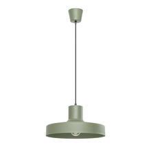 Pendul modern din metal cu abajur plat și cablu textil pentru montare pe tavan.