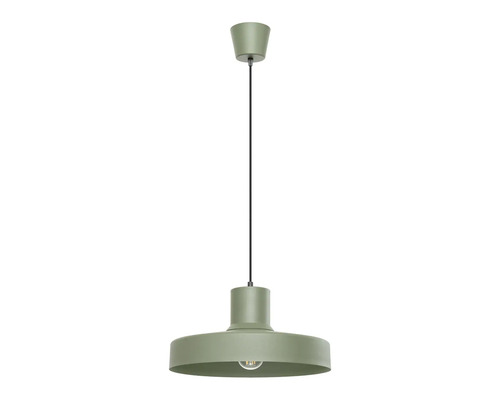 Pendul modern din metal cu abajur plat și cablu textil pentru montare pe tavan.
