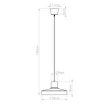 Schiță cu dimensiuni a unei lămpi suspendate cu o înălțime totală de 120 centimetri și un diametru al abajurului de 35 centimetri.