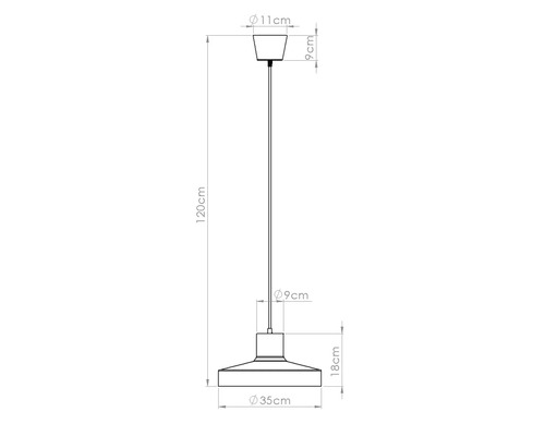 Schiță cu dimensiuni a unei lămpi suspendate cu o înălțime totală de 120 centimetri și un diametru al abajurului de 35 centimetri.