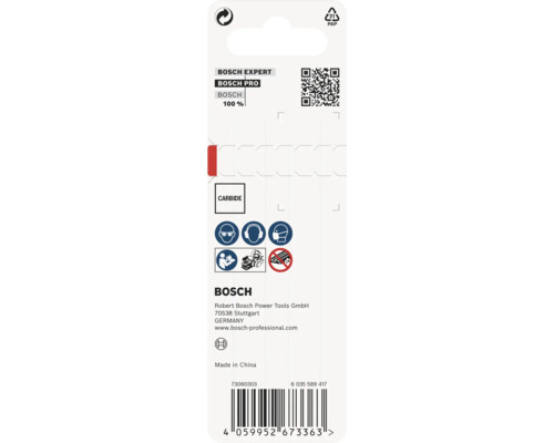 Spatele ambalajului unui accesoriu Bosch Expert cu instrucțiuni de siguranță, marcaj carbură și logo Bosch.