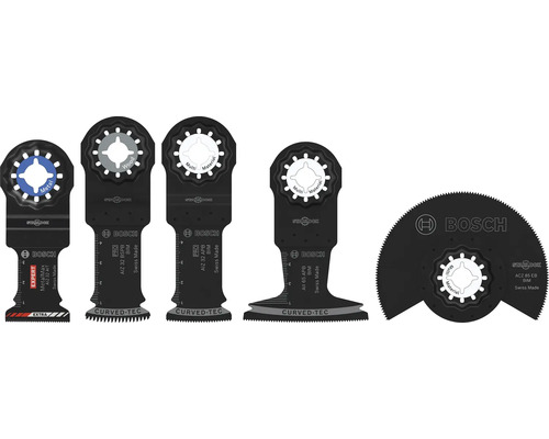 Set de cinci pânze de ferăstrău Bosch Starlock pentru scule multifuncționale, potrivite pentru metal, lemn și materiale compozite.