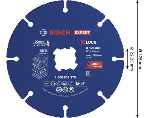 Disc de tăiere Bosch Expert Carbide Multi Material pentru polizoare unghiulare cu sistem de prindere X-Lock, diametru 125 milimetri.