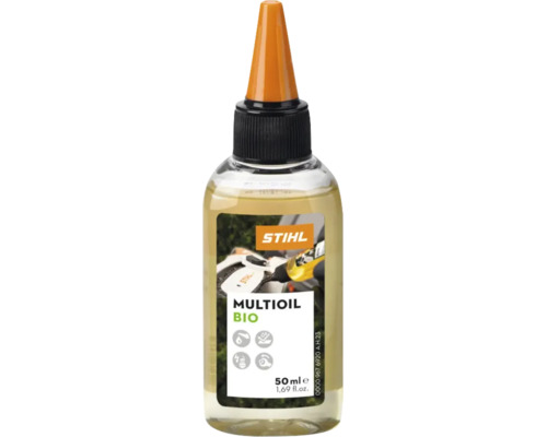 Ulei universal Stihl Multioil Bio, flacon de 50 mililitri cu vârf de dozare pentru lubrifierea și întreținerea motoferăstraielor și uneltelor.
