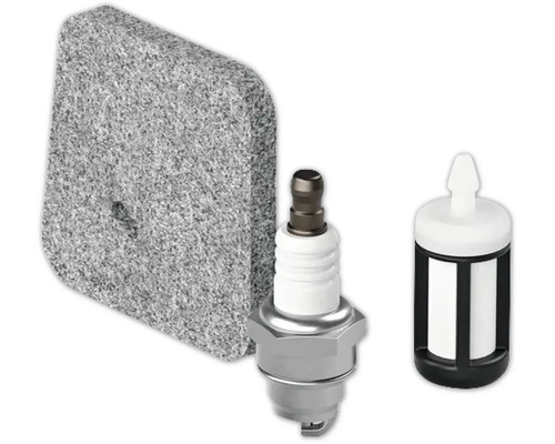 Set de întreținere format dintr un filtru de aer, o bujie și un filtru de combustibil pentru unelte de grădină cu motor