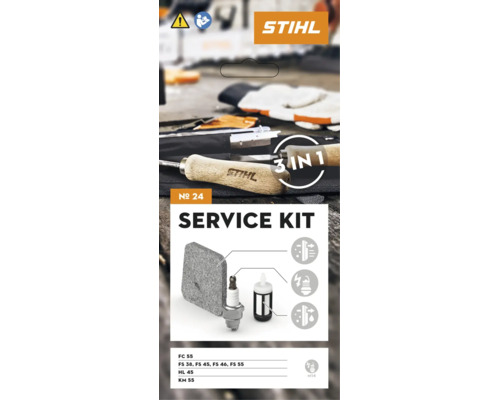 Kit de service Stihl numărul 24 cu filtru de aer, bujie și filtru de combustibil pentru diverse utilaje Stihl precum motocoasele.